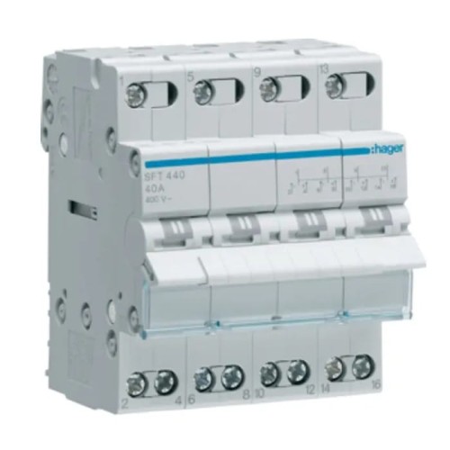 Hager Installatie modulaire schakelaar I-0-II (1-0-2) gemeenschappelijk punt van boven 4P 40A 400VAC GPV-401-68