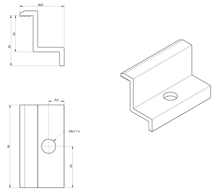 Eindklem H30 Aluminium 6060 Gat M8 gelakt PV-03-30 (3)
