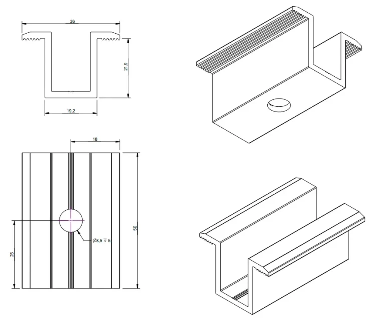 Middenklem H25 L50 ruw met M8x20 schroef en inzetstuk voor 30 mm panelen PV-04-16 (3)