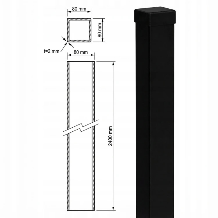 Hekpaal 80x80x2 mm, lengte 2,4 m, zwart GPV-700-74 (3)