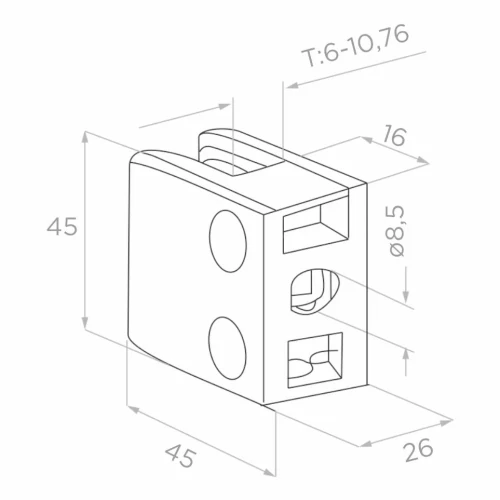 Glashouder 45x45x26 mm, glas 6-10,76 mm, AISI 304, vlak systeem, satijn 000-260 (2)