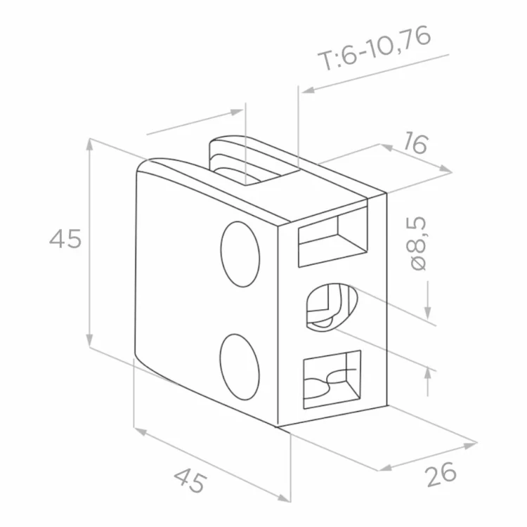 Glashouder 45x45x26 mm, glas 6-10,76 mm, AISI 304, vlak systeem, satijn 000-260 (2)