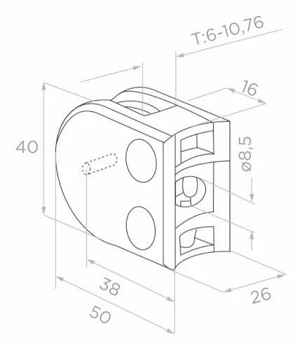 Glashouder 50x40x26 mm met pin, glas 6-10,76 mm, AISI 304, systeem 42,4 mm, satijn 000-265 (3)