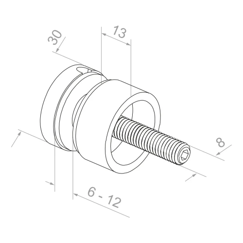 Puntbevestiging voor glas fi 30/13/M8x40 glas 6-12 mm AISI 304 vlak systeem satijn 000-295 (2)