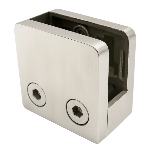 Glashouder 45x45x26 mm met pin-beugel glas 6–10,76 mm AISI 304 vlak systeem satijn 000-268 (1)