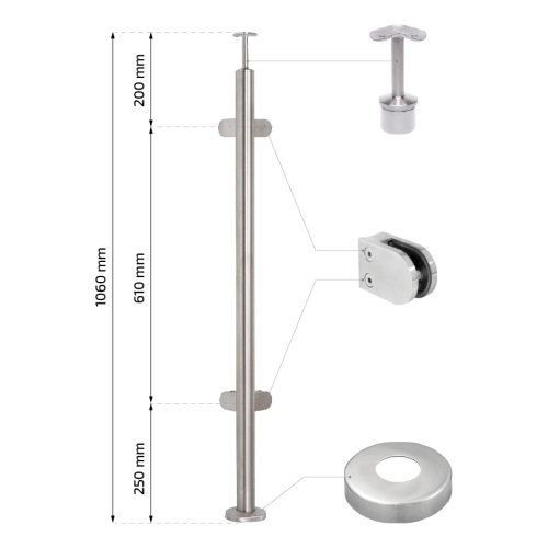 Hoekbalusterpaal voor glas ø 42,4x1060/1102,4mm 4 houders geslepen 000-559 (2)