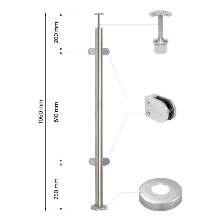 Hoekbalusterpaal voor glas ø 42,4x1060/1102,4mm 4 houders geslepen 000-559 (2)