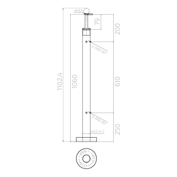 Hoekbalusterpaal voor glas ø 42,4x1060/1102,4mm 4 houders geslepen 000-559 (5)