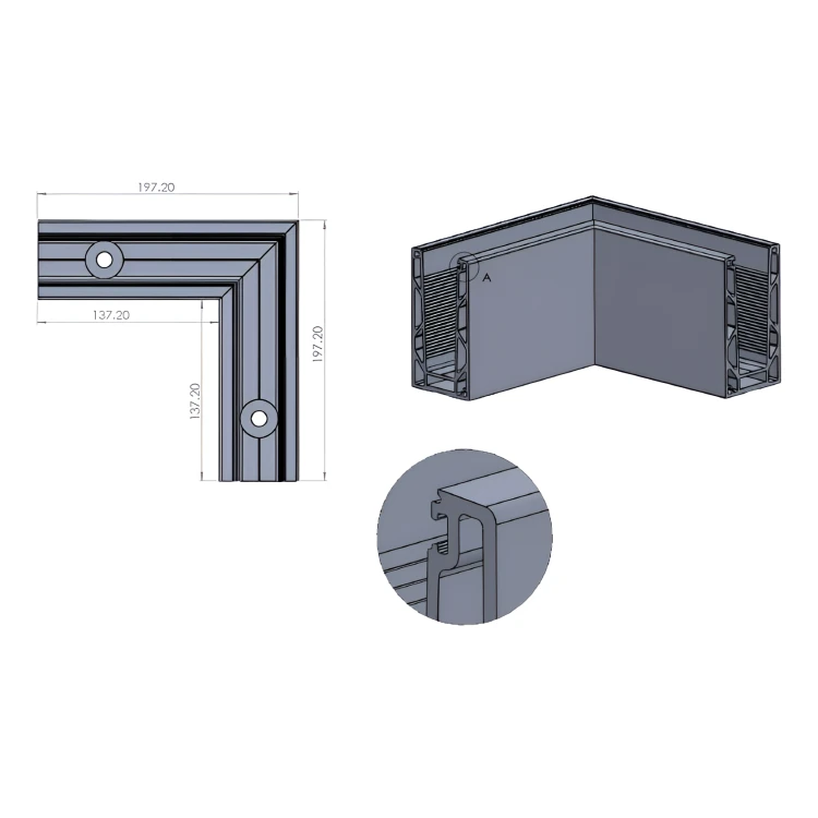 Kozza KE100 – U-profiel binnenhoek 90° voor volledig glazen balustrades, bevestiging van bovenaf 000-854 (2)