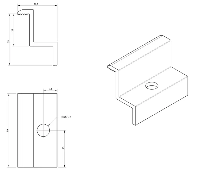 Eindklem H35 Aluminium 6060 gat M8 PV-03-05 (2)
