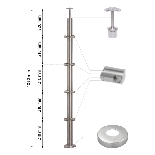 PSG hoekpaal balustrade roestvrij staal AISI 304 ø42,4 mm H1060 mm met houders voor buizen ø12 mm 001-206 (2)